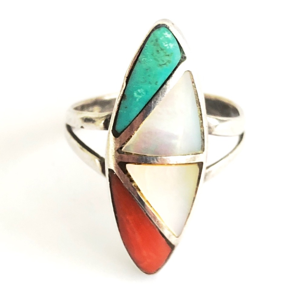 Native American Silver Ring with Turquoise, Mother of Pearl, and Coral Inlay